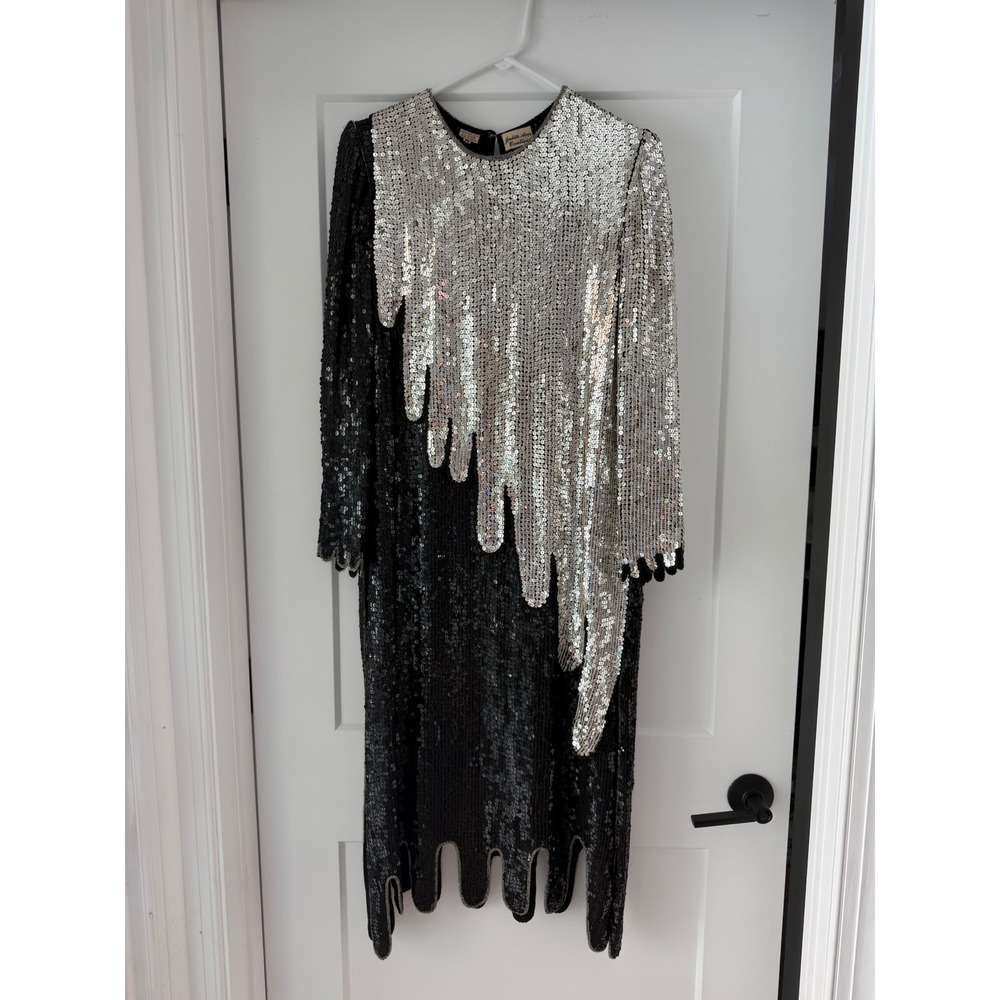 Vintage Judith Ann Creations Silk Sequin Dress Black Silver Scalloped Hem Med